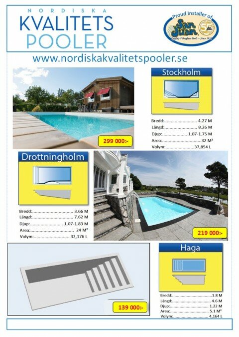 Nordiska Kvalitetspoolers glasfiberpooler Haga, Drottningholm och Stockholm är väl utvalda just för dig. Poolerna finns hos våra återförsäljare i hela Sverige som säljer San Juan glasfiberpooler